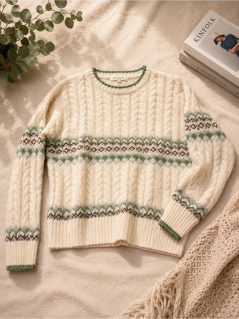 Women's Cream Cable Knit Sweater with Green Pattern